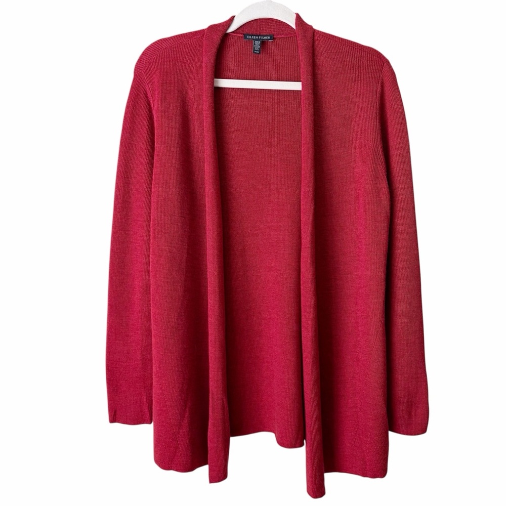 Eileen Fisher | 100% Merino Wool Open Front Cardigan Sweater Red Medium